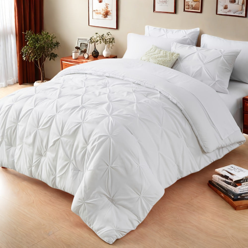 Comforter Set Luxurious Pleated 5/7pcs Bed in a Bag | Soft Plush Fiber Fill, Year-Round Warmth - Quilted Comforter, Flat & Fitted Sheet, Pillowcases & Shams, Complete Bedding Set Twin Full Queen King
