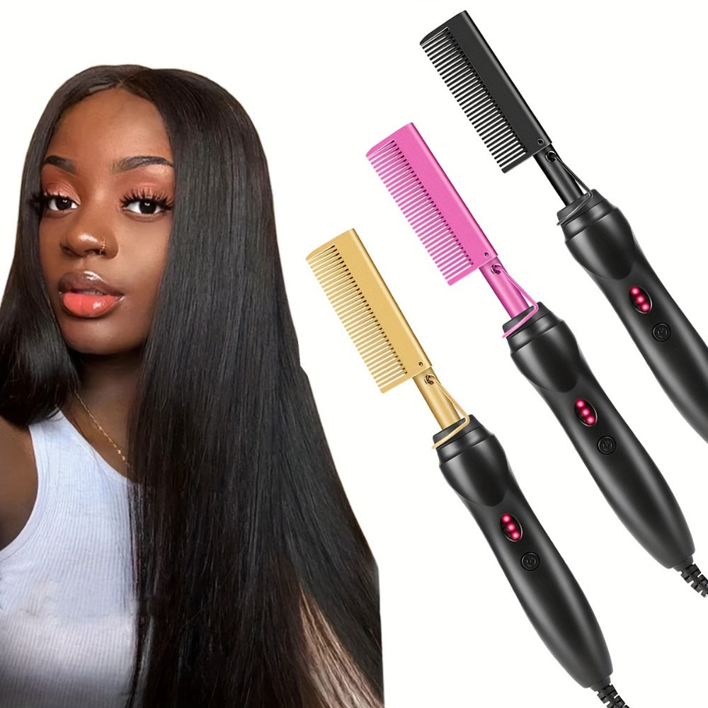 Electric Hot Comb Hair Straightener Ceramic Copper Heating Plate Portable Heat Press Comb for Curl Straight Style Beard Wig Wet Dry Hair Styling Tool for Women Men