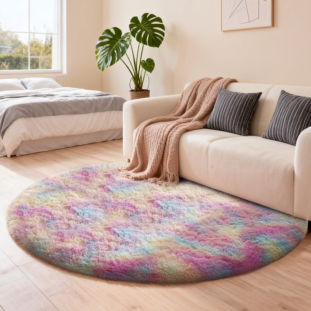 Round Area Rug Soft Shaggy Plush Circle Rug Non-Slip Indoor Floor Mat for Living Room Bedroom Dorm Tie Dye Rainbow Multi-Color Multi-Size