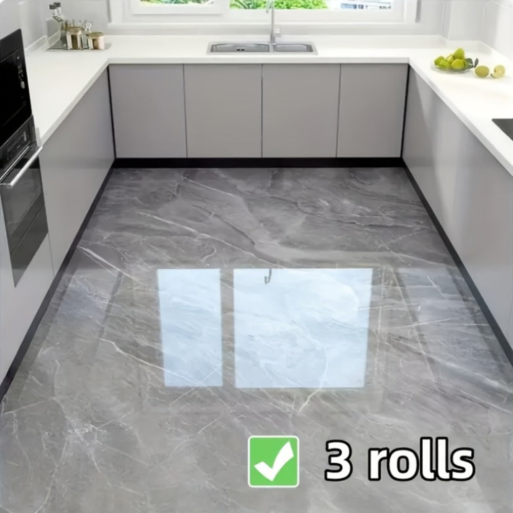 Self-Adhesive Marble Vinyl Floor Wallpaper 3 Rolls 23.62x197.75in - Waterproof Oil-Proof Anti-Slip Wear-Resistant Peel and Stick Floor Tiles for Kitchen Bathroom Living Room Home Renovation Straight Edge
