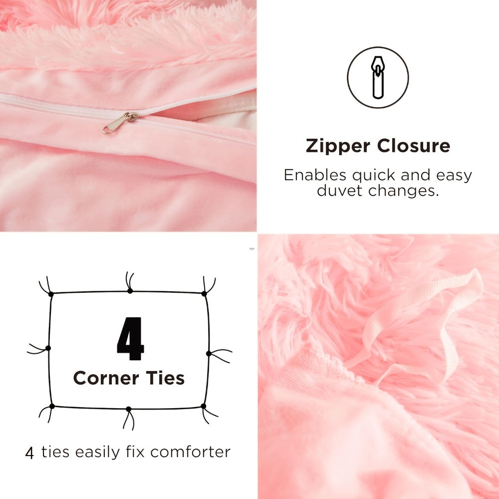 Faux Fur Duvet Cover Set Twin Queen King Super Soft Plush Comforter Cover with Pillowcases Heart Pillow for Kids Teens Machine Washable Bedroom Decor