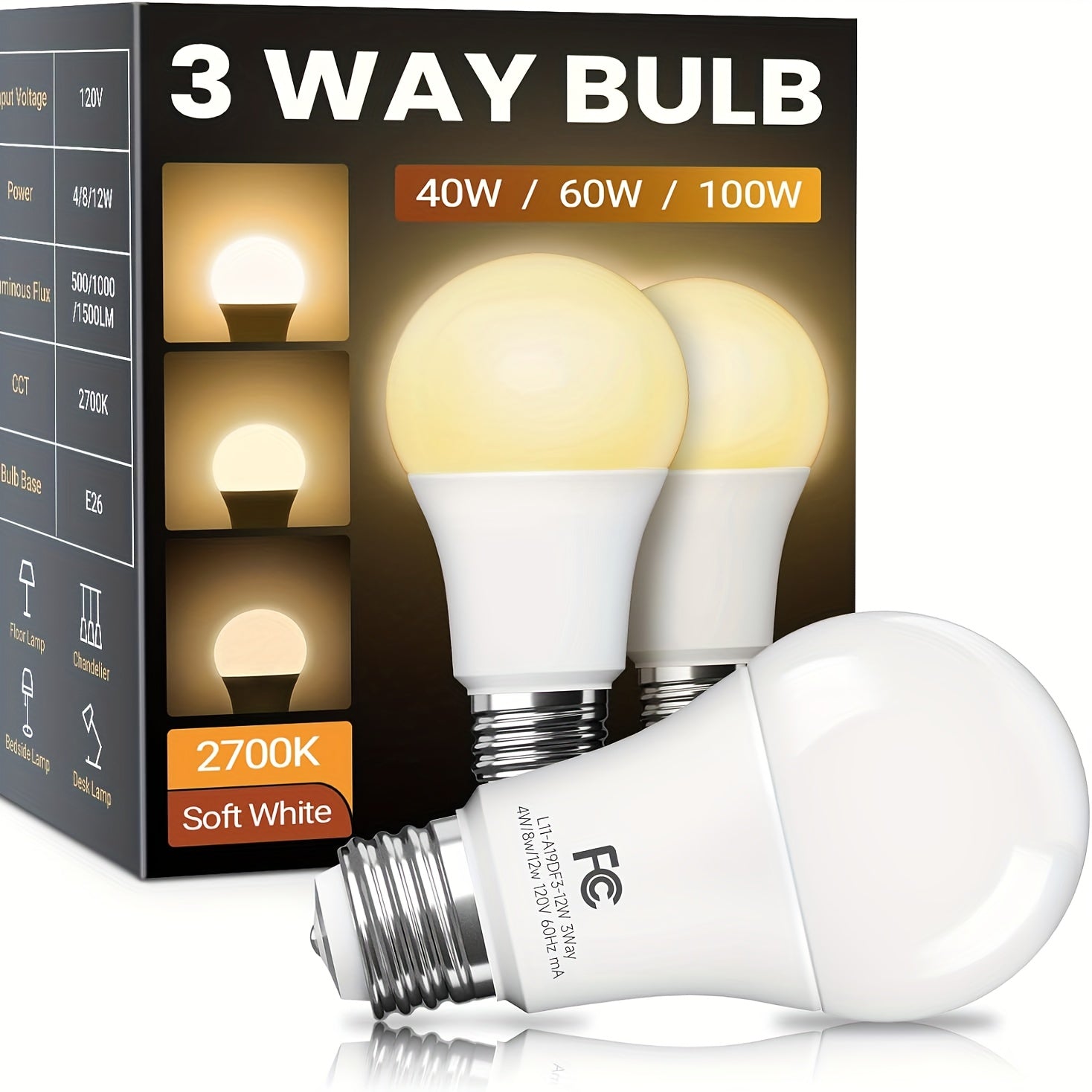 3-Way LED Light Bulb A19 40 60 100W Equivalent 1500 Lumens E26 Base ¨C Soft White 2700K & Daylight 5000K Three-Way Bulb for Bedroom Living Room Study Room Table Lamp, 2 & 4 Pack