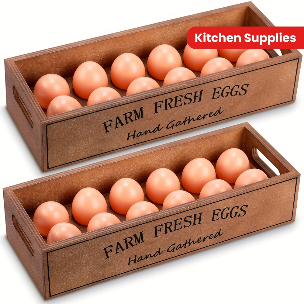 Farmhouse Wooden Egg Holder Rack 2pcs - 24 Egg Storage Display with Handle for Kitchen, Farm, Easter