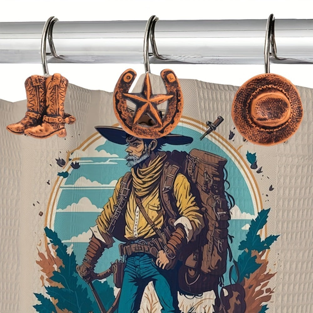 Shower Curtain Hooks Western Cowboy Farmhouse Style - 12 Pack Vintage Metal Resin Bathroom Accessories with Horse Boots Hats Star Patterns
