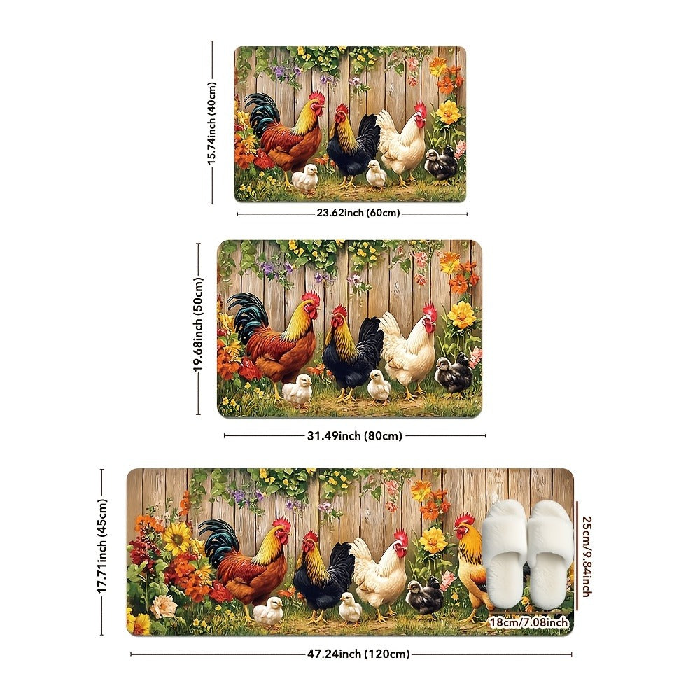 Rooster Kitchen Rugs Set 1/2/3/4pcs Vintage Farmhouse Anti-Slip Floor Mats for Kitchen Bedroom Bathroom Living Room Laundry Room Entrance