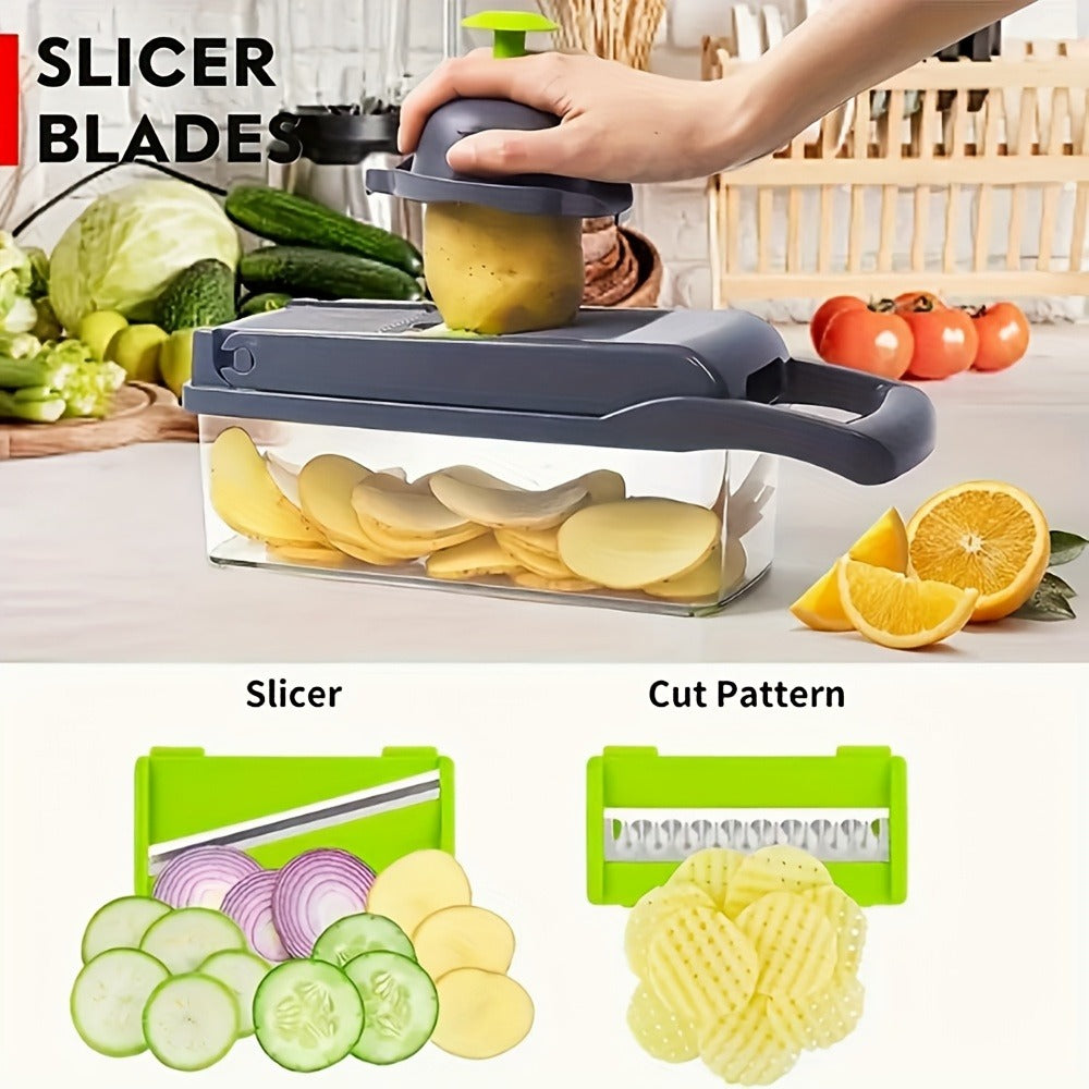 Vegetable Chopper 16-in-1 Manual Food Chopper Set ¨C 8 Stainless Steel Blades, 304 Container, Peeler & Filter | Onion, Garlic & Carrot Slicer Dicer | Professional Kitchen Meal Prep Tool
