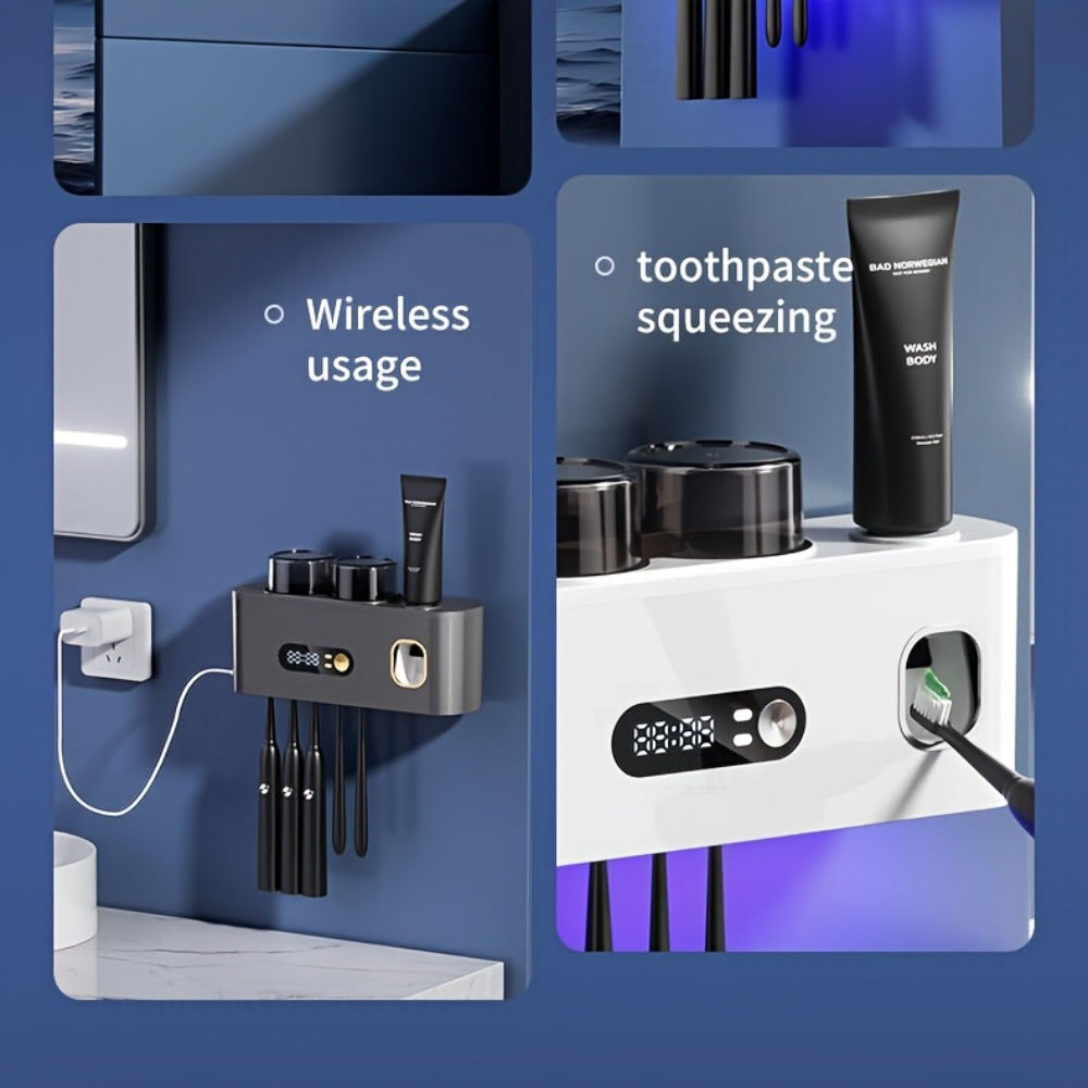 Toothbrush Holder with UV Sterilizer & Automatic Toothpaste Dispenser ¨C 5-Slot Smart Bathroom Organizer with 2 Cups, USB Rechargeable, Clock Display, Durable Plastic Wall Mount for Family Oral Care