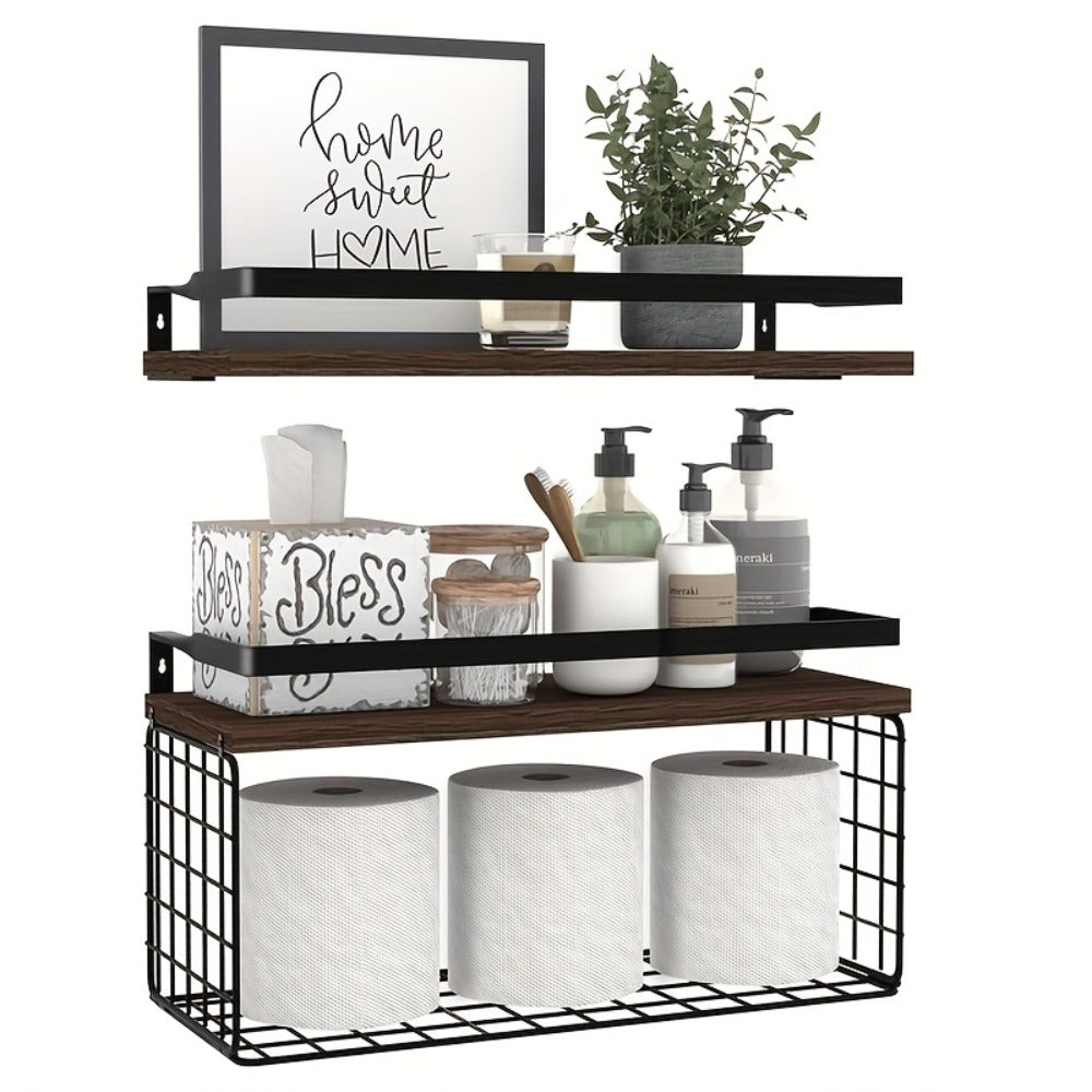 Floating Wall Shelves Set of 2 or 4 Rustic Wood and Iron Wall Mounted Shelf for Living Room Bedroom Kitchen Bathroom, Farmhouse Industrial Hanging Display Shelf for Plants Books Candles Decor