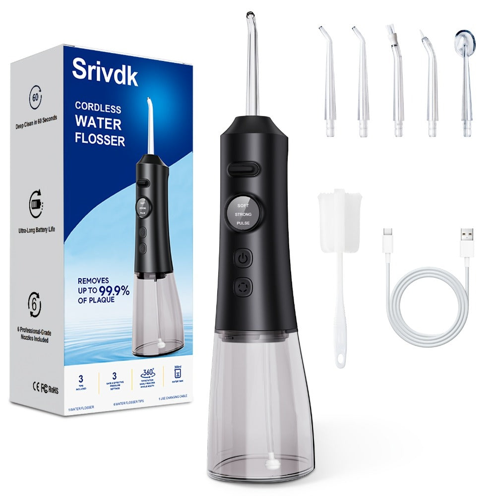 Water Flosser Cordless Oral Irrigator - Rechargeable Electric Dental Cleaner with 6 Interchangeable Nozzles, Adjustable Pressure Control, Plaque & Tartar Removal, USB Powered, Portable for Home & Travel Use