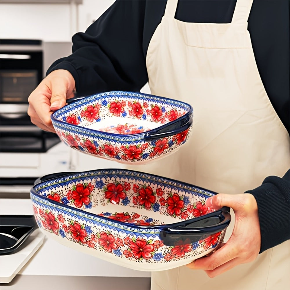 Ceramic Baking Dish Set of 2 Large 13 Inch Rectangular Casserole Dish Porcelain Bohemian Bakeware for Lasagna Roasting Casseroles Oven Safe Red Blue Yellow