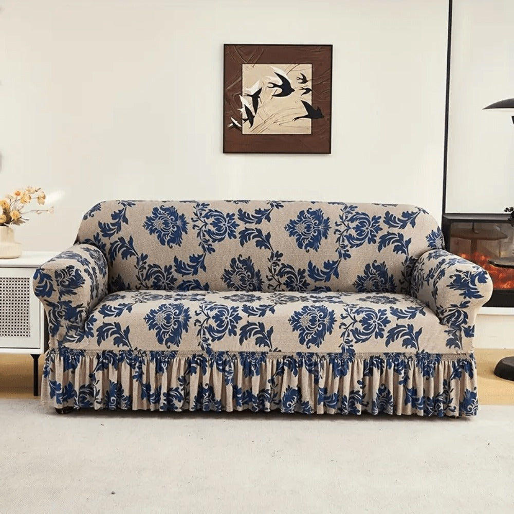 Stretch Sofa Cover Slipcover High-Stretch Fabric Ruffle Skirt Non-Slip Rod All-Season Snug Fit for 1 2 3 4 Seater Couch ¡ª Dark Blue with Pillow Cover