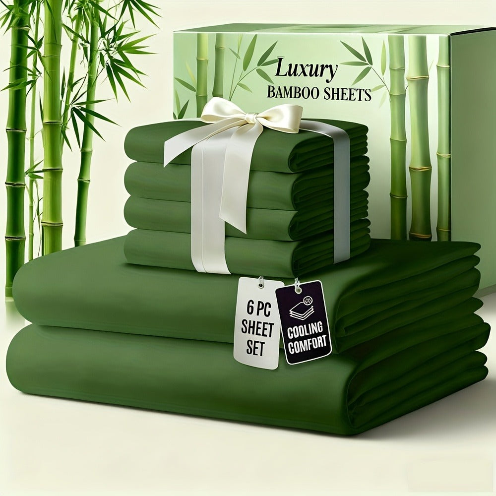 Bamboo Bed Sheet Set 6-Piece Cooling Soft Bedding with Deep Pocket Fitted Sheet - Viscose Derived from Bamboo Sheets Twin Full Queen King Size Breathable Wrinkle-Resistant Luxury Bedding Set