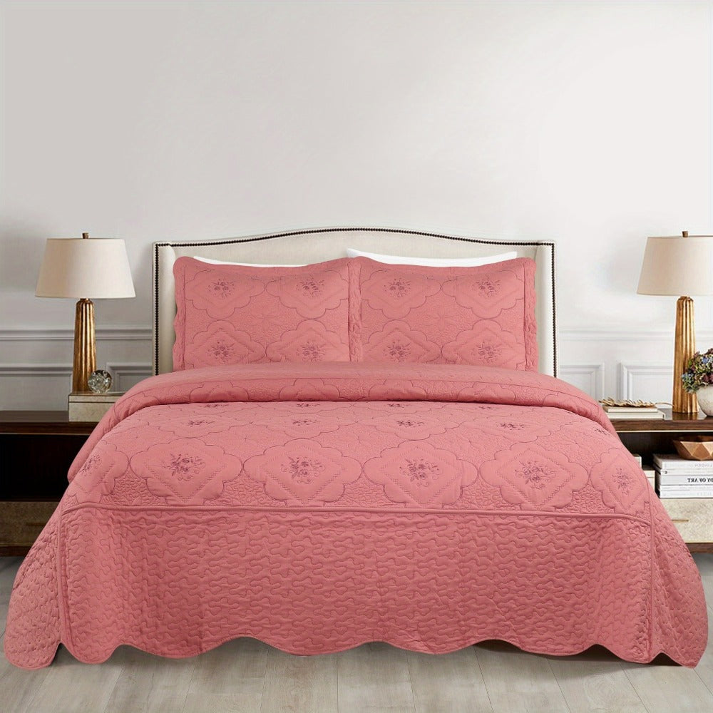 Quilt Set 3 Piece Floral Embroidery Bedspread - 100% Polyester Wrinkle Resistant Lightweight Quilted Coverlet with 2 Pillow Shams for Full Queen King Bed, Elegant Bedroom Decor in 19 Colors