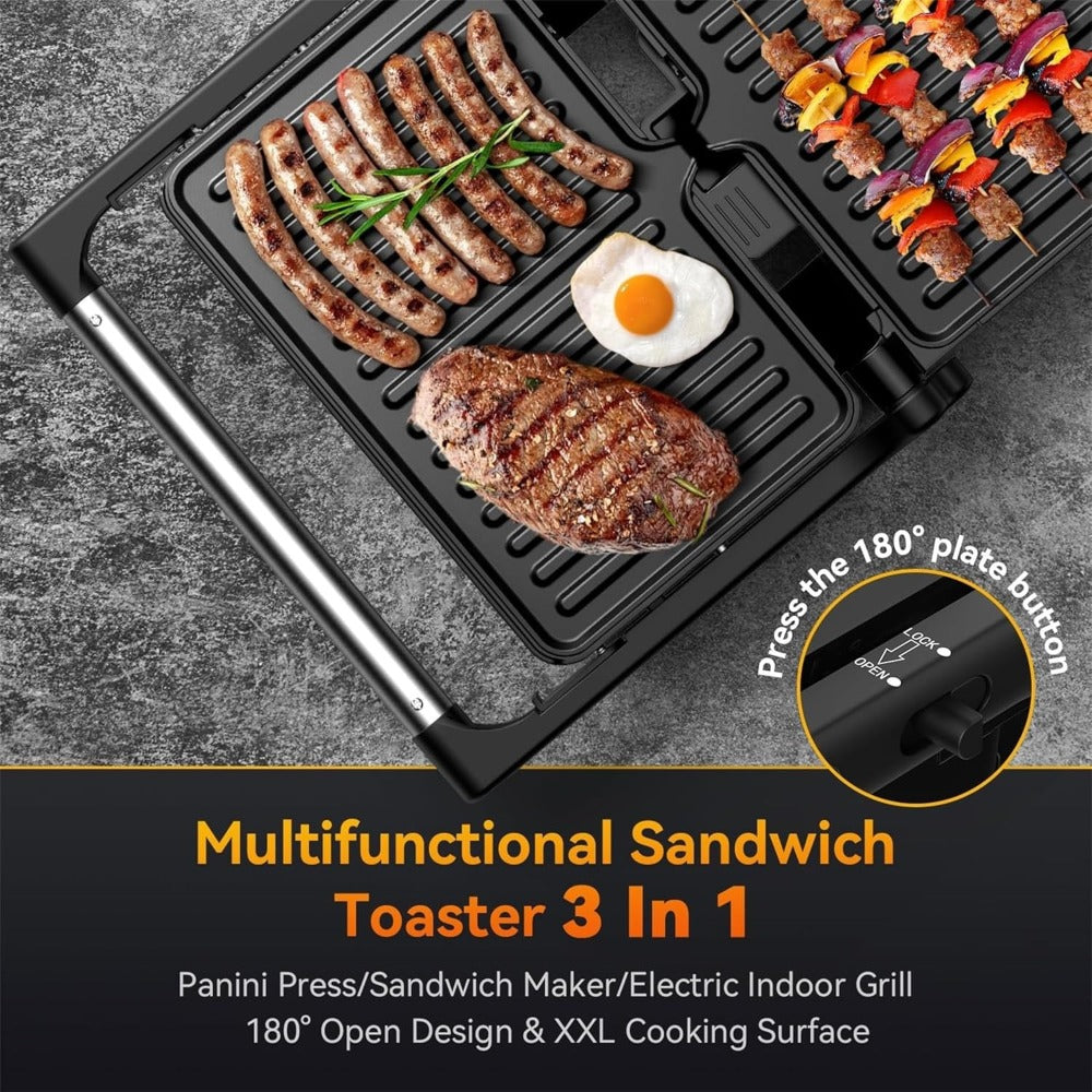 Panini Press Sandwich Maker 1200W, Non-Stick Cast Aluminum Grill with 180-Degree Opening, 2-Slice Panini Maker with Indicator Lights, Even Heat Distribution for Sandwiches Steaks Waffles