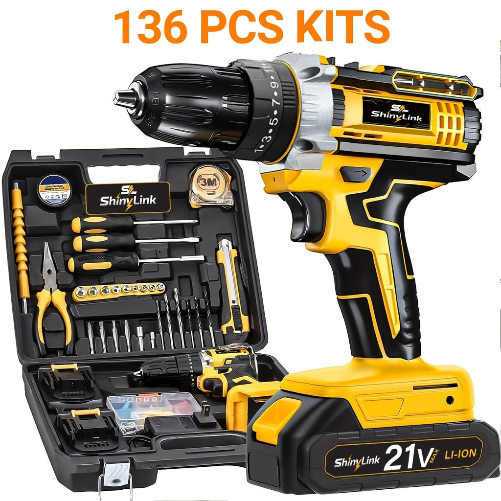 21V Cordless Drill Set Electric Drill Driver Kit with Lithium Battery Screwdriver Bits Hand Tools Toolbox for Home Repair DIY 18 30 136 Piece Kit Gift for Men