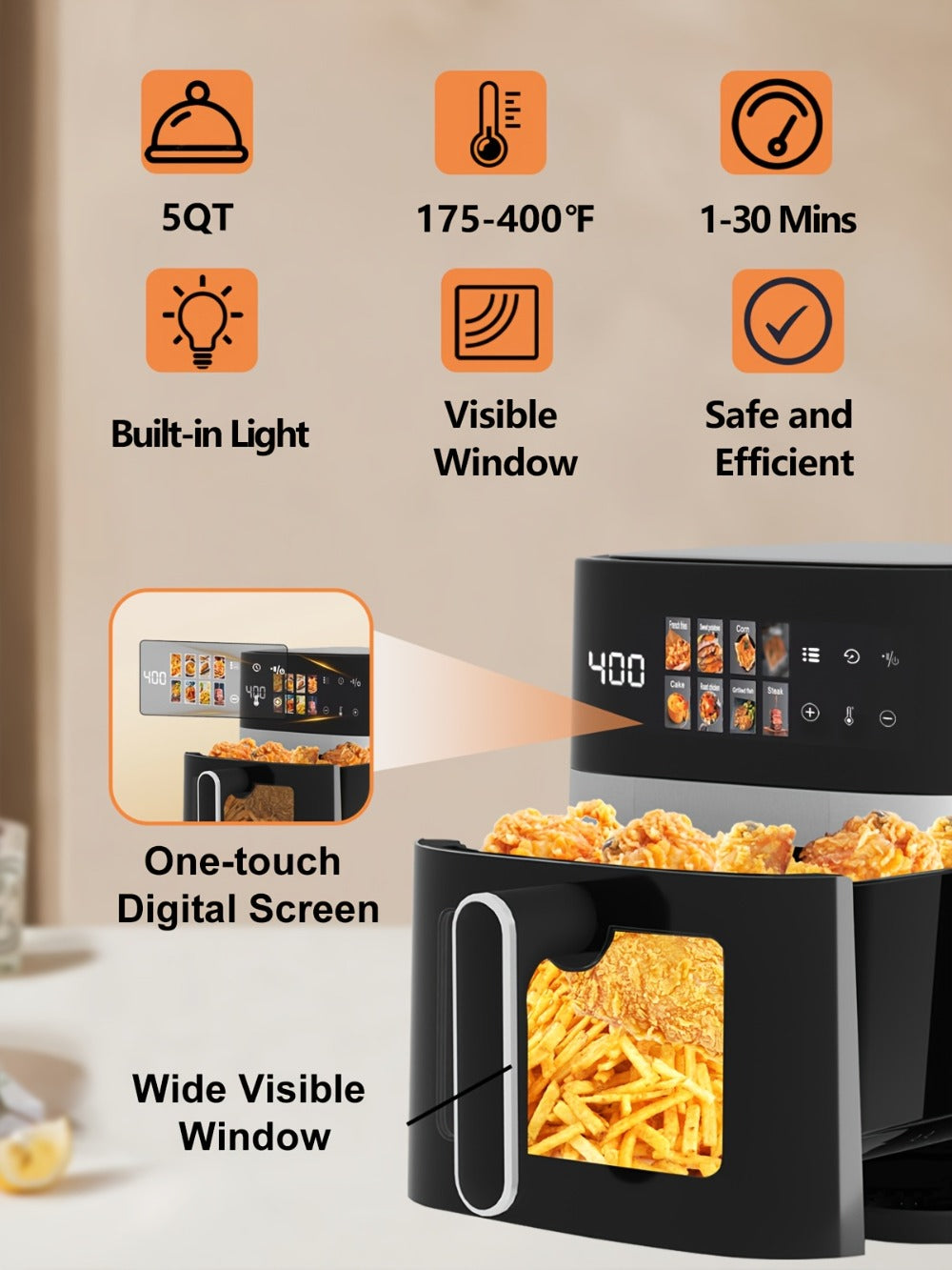 6 Quart Air Fryer with 8 Preset Functions ¨C 6-in-1 Large Capacity Air Fryer Oven with Smart Cook Program, Stainless Steel Rack, Viewing Window & Interior Light