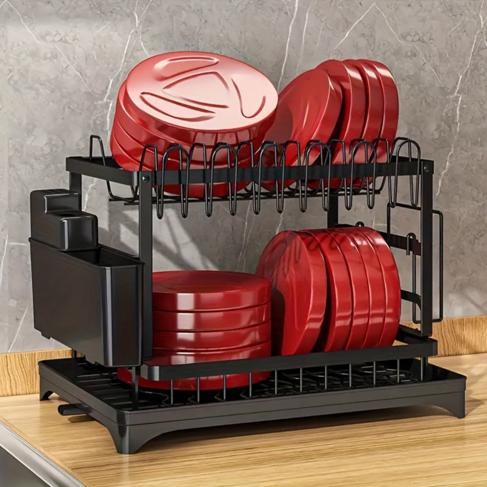 Dish Drying Rack 2 Tier with Drainboard for Kitchen Counter Metal Dish Drainer with Utensil Holder Cups Organizer Space Saving Kitchen Drying Rack Black White