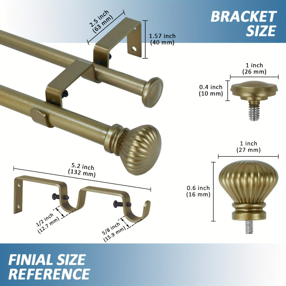 Double Curtain Rod Set Adjustable with Fluted Ball Finials Double Brackets 4 Colors 2 Sizes Window Curtain Hardware