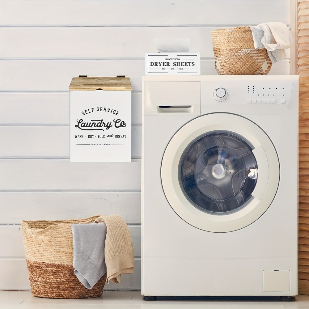 Magnetic Lint Holder & Dryer Sheet Dispenser 2-Pack, Farmhouse Wooden Lint Trash Can with Lid for Dryer, Wall Mount Dryer Sheet Box Organizer for Laundry Room Decor, Magnetic Laundry Organizer Set