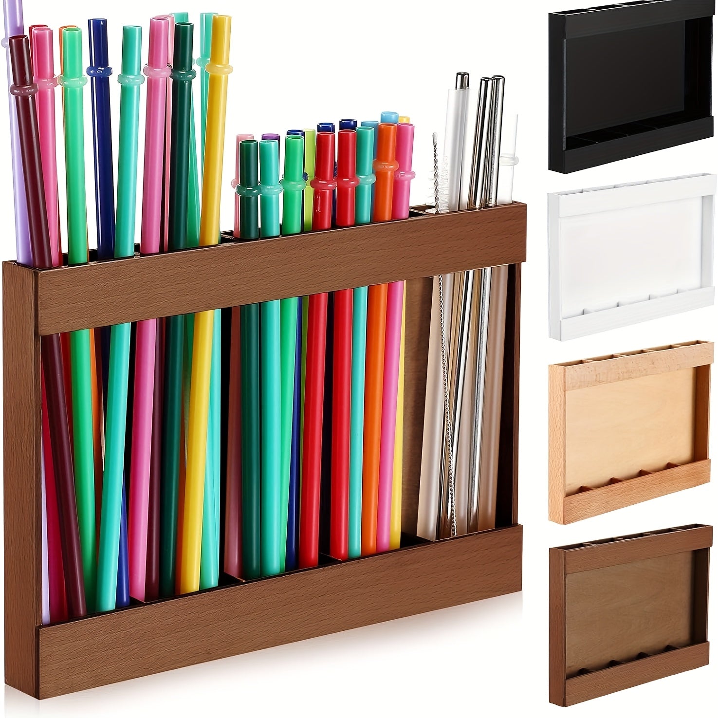 Wooden Straw Holder for Cabinet Door 9.8 Inch Acacia Wood Straw Dispenser Wall Mount Reusable Straw Storage Box for Kitchen Counter Cupboard Organizer