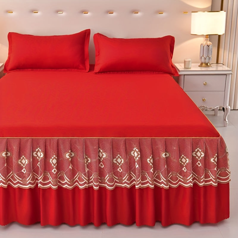 Macrame Lace Bed Skirt Set 3pcs ¨C Double Layer Non-Slip Bed Skirt with 2 Pillowcases All Seasons Twin Full Queen King