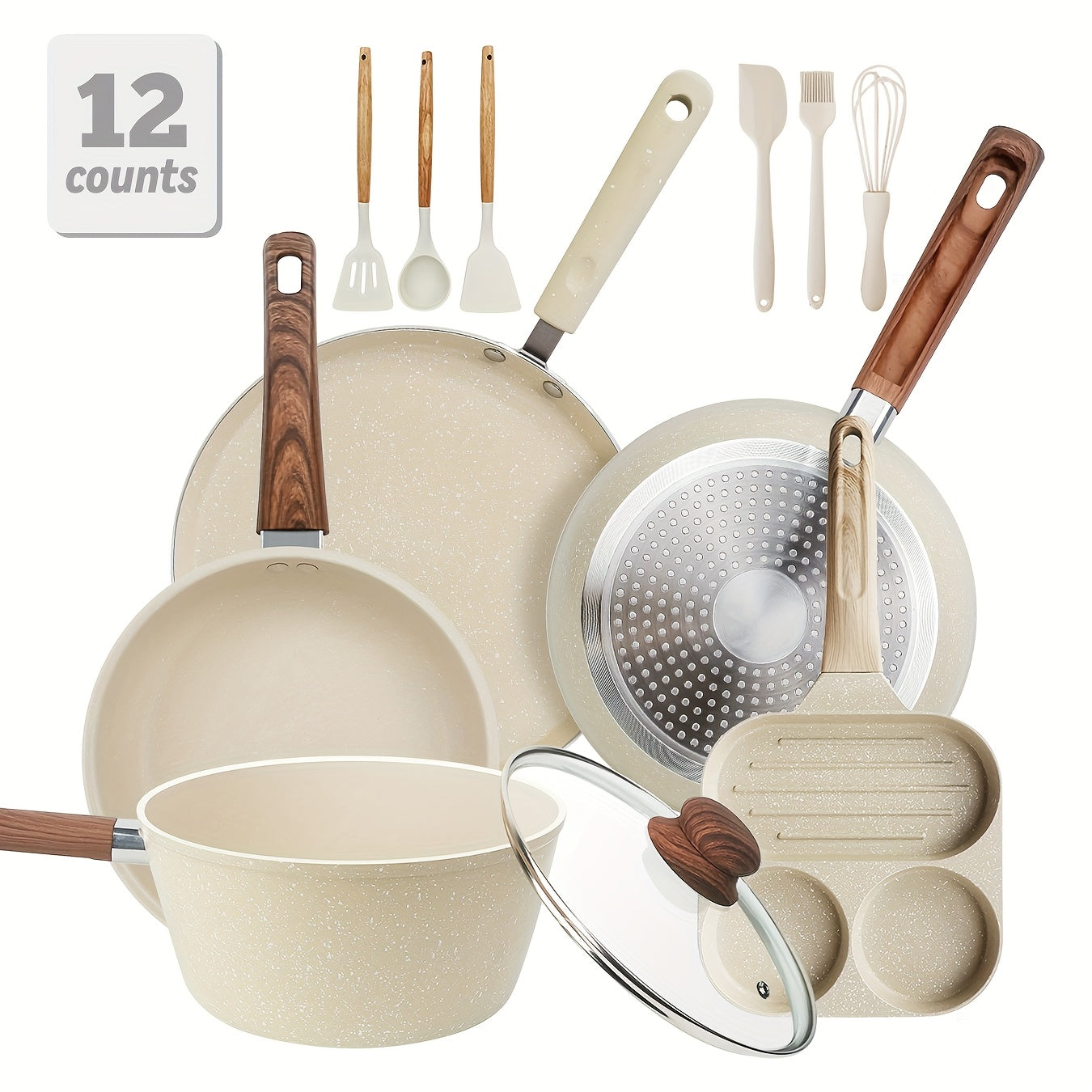 Non-Stick Cookware Set 7 12 & 15 Piece Induction Compatible ¨C Frying Pan Steamer Silicone Spatula & Tongs | Complete Pots and Pans Cooking Set | Perfect Wedding Housewarming Gift for Friends