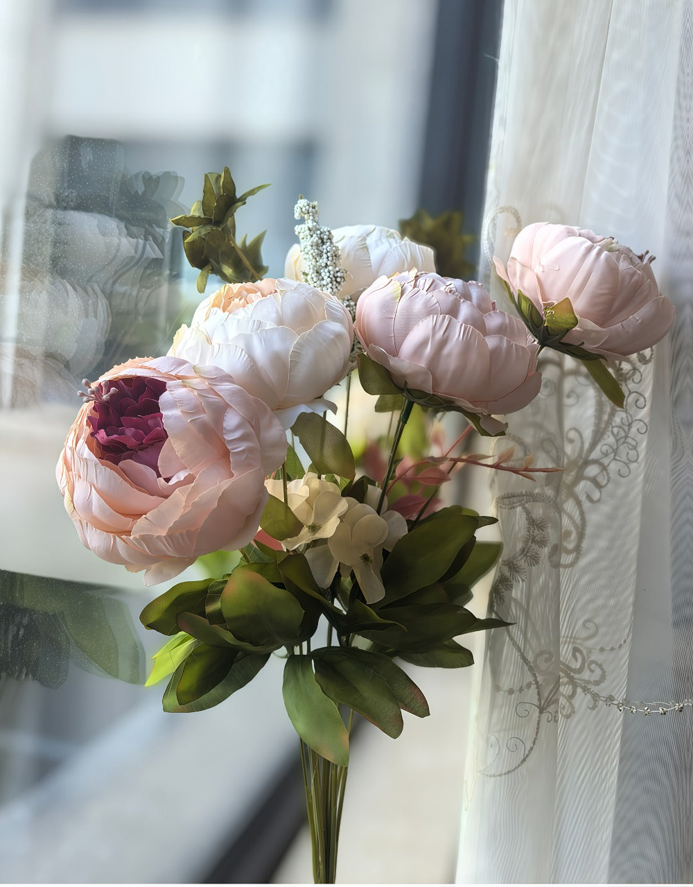 Faux Peonies Hydrangeas Artificial Flowers Vintage Silk Bouquet - Pink Green Mix Floral Centerpiece for Bridal Wedding Home Table Decor Rustic Farmhouse Arrangement