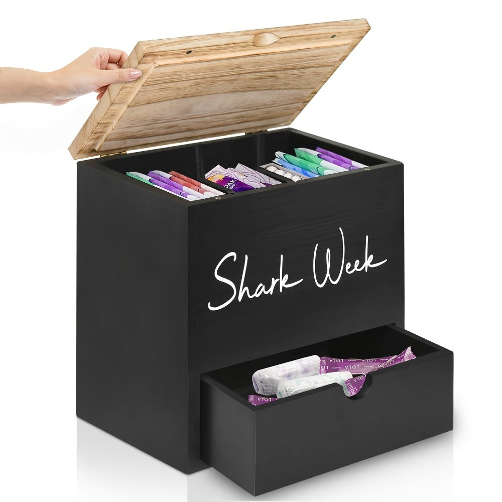 Tampon & Pad Organizer Box with Lid - Wooden Bathroom Storage Bin with Drawer, 3-Compartment Feminine Products Caddy, Farmhouse Bathroom Decor
