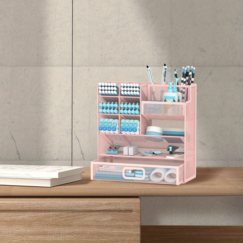 Mesh Desk Organizer with Drawer ¨C Multifunctional Desktop Pen Holder & Office Supply Organizer for Home Office, School & Art Studio ¨C Pencil Cup Caddy with Storage Compartments, Multiple Colors Available