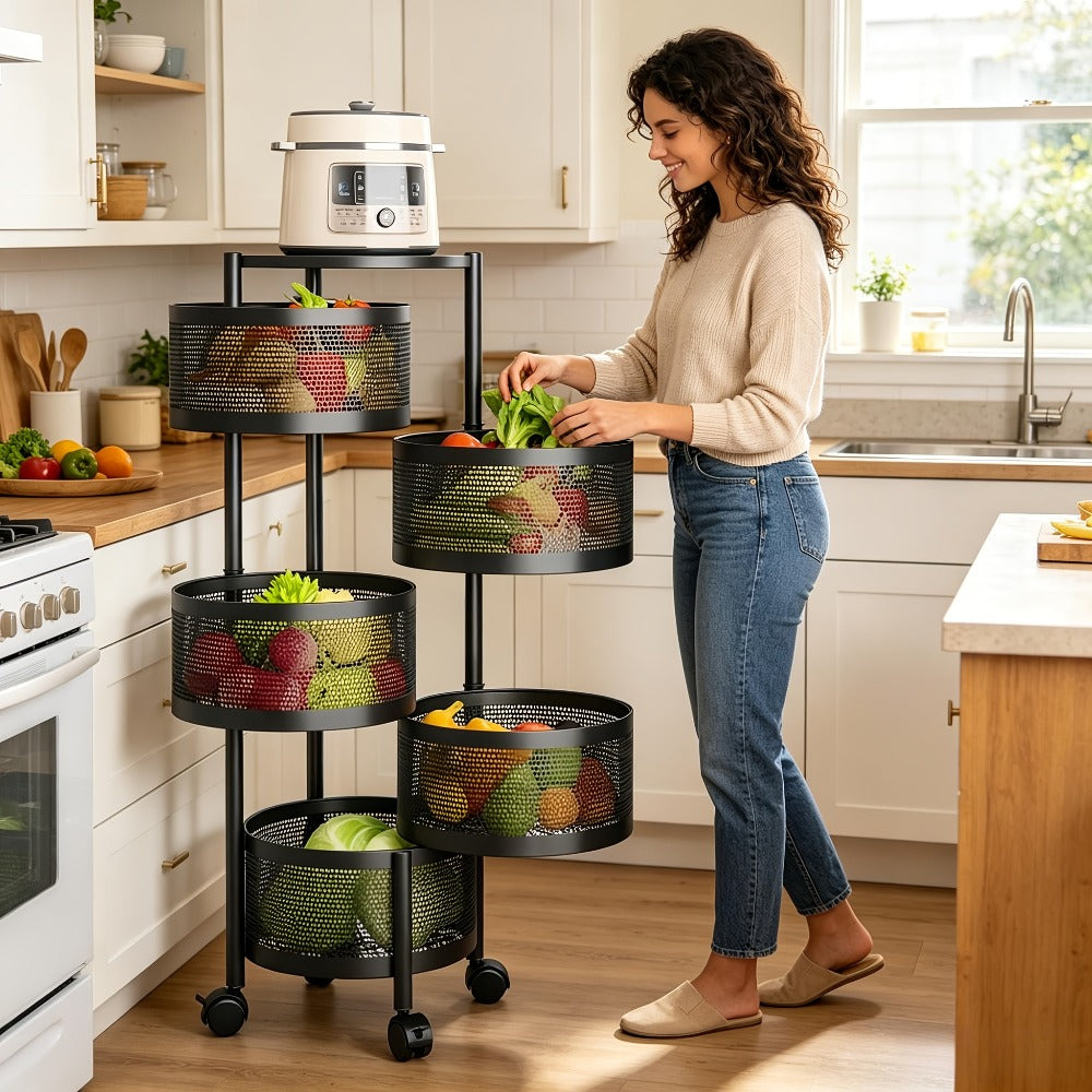 Rolling Storage Cart with Wheels 5-Tier 360¡ã Rotating Kitchen Organizer Basket, No Assembly Space-Saving Floor Standing Bin for Kitchen Pantry Bathroom Bedroom Fruits Vegetables Home Organization