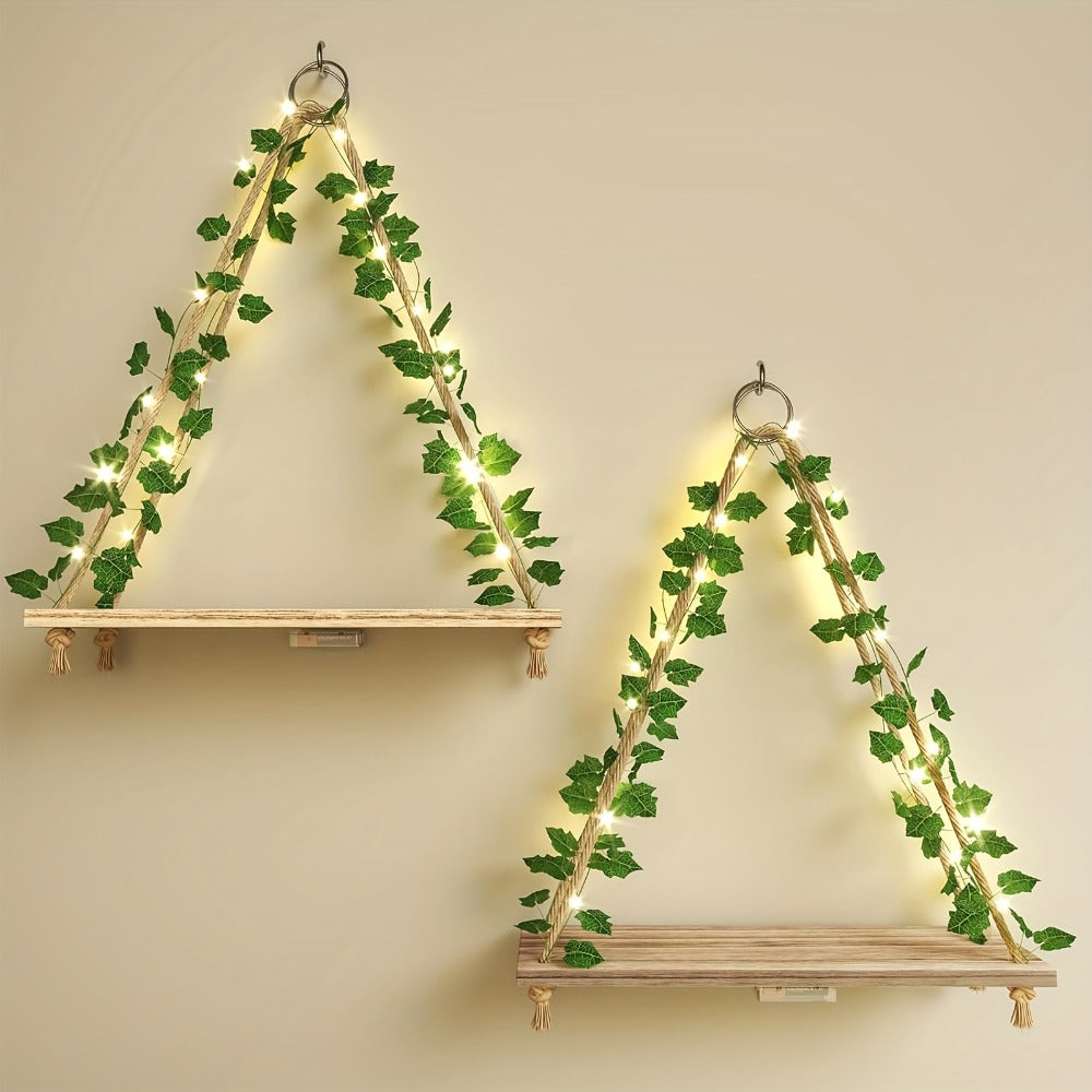 Floating Wall Shelves with Artificial Ivy LED Strip Lights Macrame Boho Wood Hanging Shelf Plant Wall Decor Bedroom Living Room Bathroom 15.7 Inch