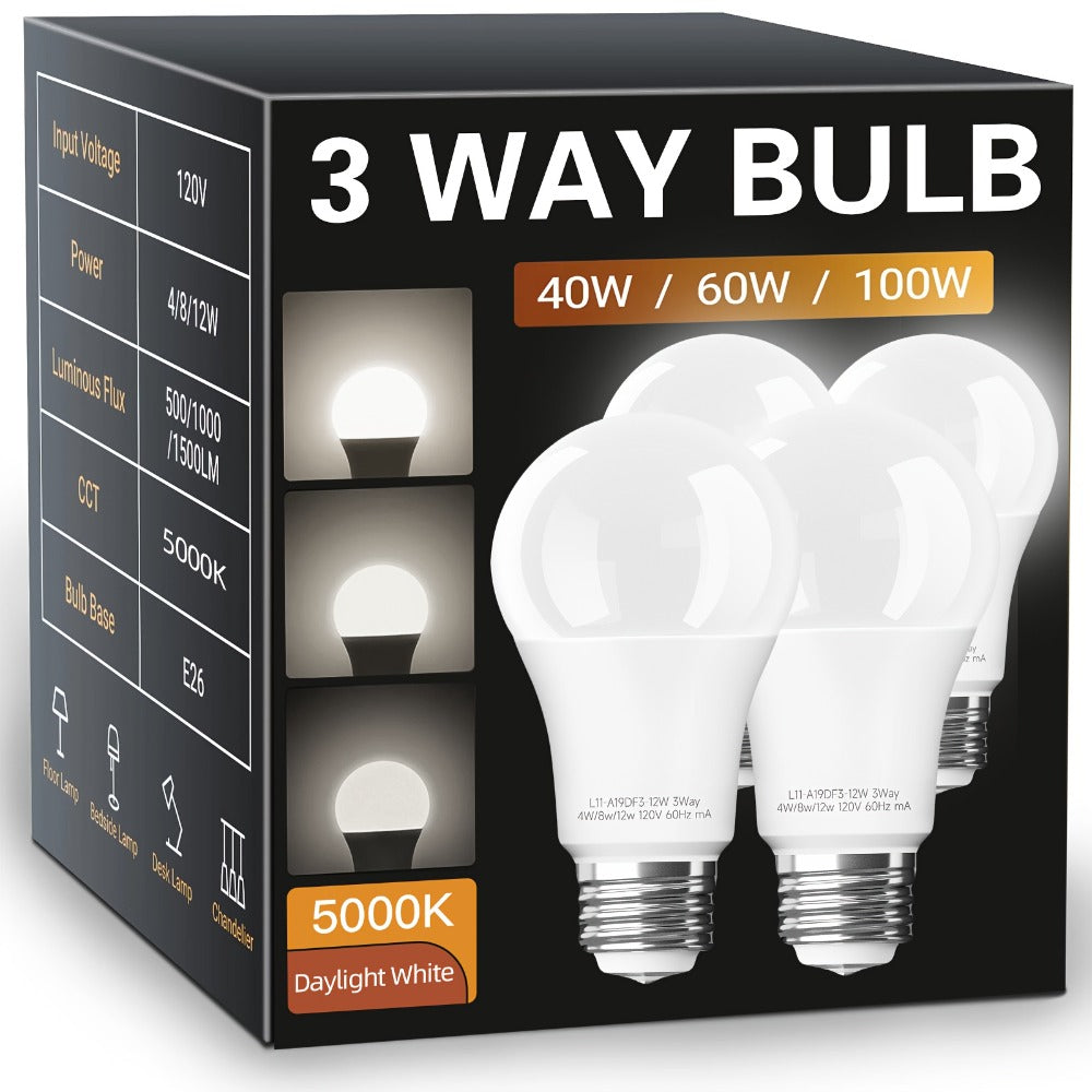 3-Way A19 Light Bulb 50 100 150W Equivalent 1500 Lumens E26 Medium Base ¨C Warm White 2700K & Daylight 5000K Three-Way Bulb for Bedroom Living Room Study Room Floor Lamp, 4 Pack