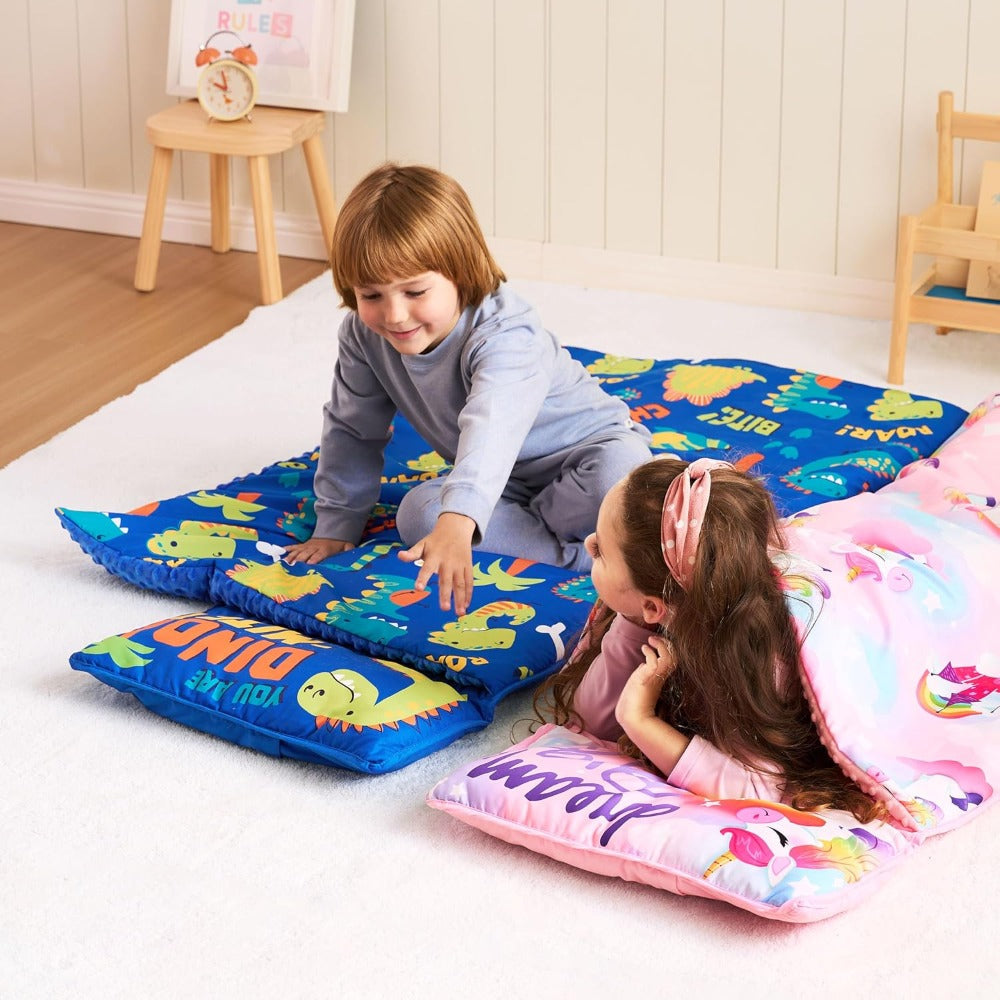 Kids Nap Mat with Removable Pillow & Minky Blanket - Soft Roll-Up Sleeping Bag for Boys Girls, Blue Dinosaur Design, Preschool Kindergarten Daycare Sleepover, Ages 3+, 55''x30''