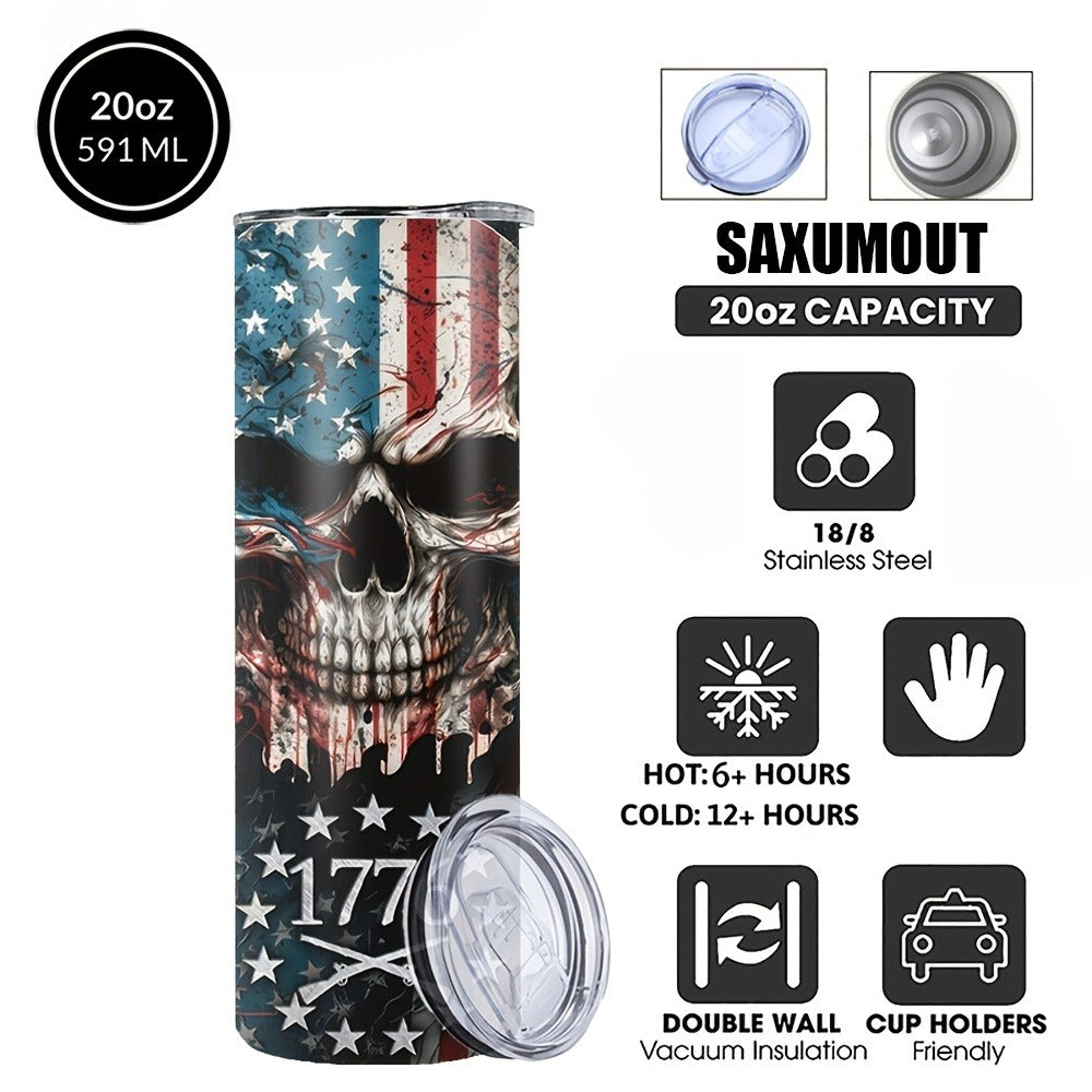 Skull Tumbler 20oz Patriotic Skull Pattern Stainless Steel Insulated Cup with Lid & Straw Travel Coffee Mug Hot Cold Drinks Gift Birthday Halloween Christmas