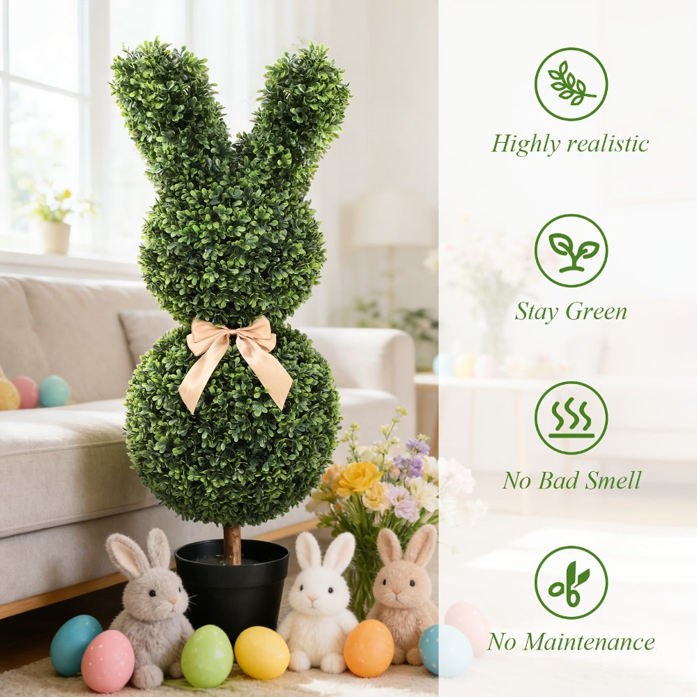 Artificial Boxwood Bunny Topiary 2-Pack | 3Ft Faux Rabbit Garden Statue with Bow, Indoor Outdoor Easter Spring Porch Decor, Lifelike Greenery Sculpture with Planter