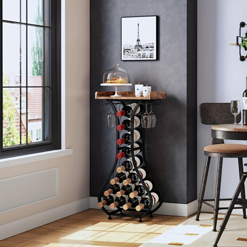 Freestanding Wine Rack Floor 14 Bottles Mini Bar Table Stand Liquor Cabinet with Glass Holder Wood Tabletop Wine Storage for Home Bar Kitchen Living Room Black