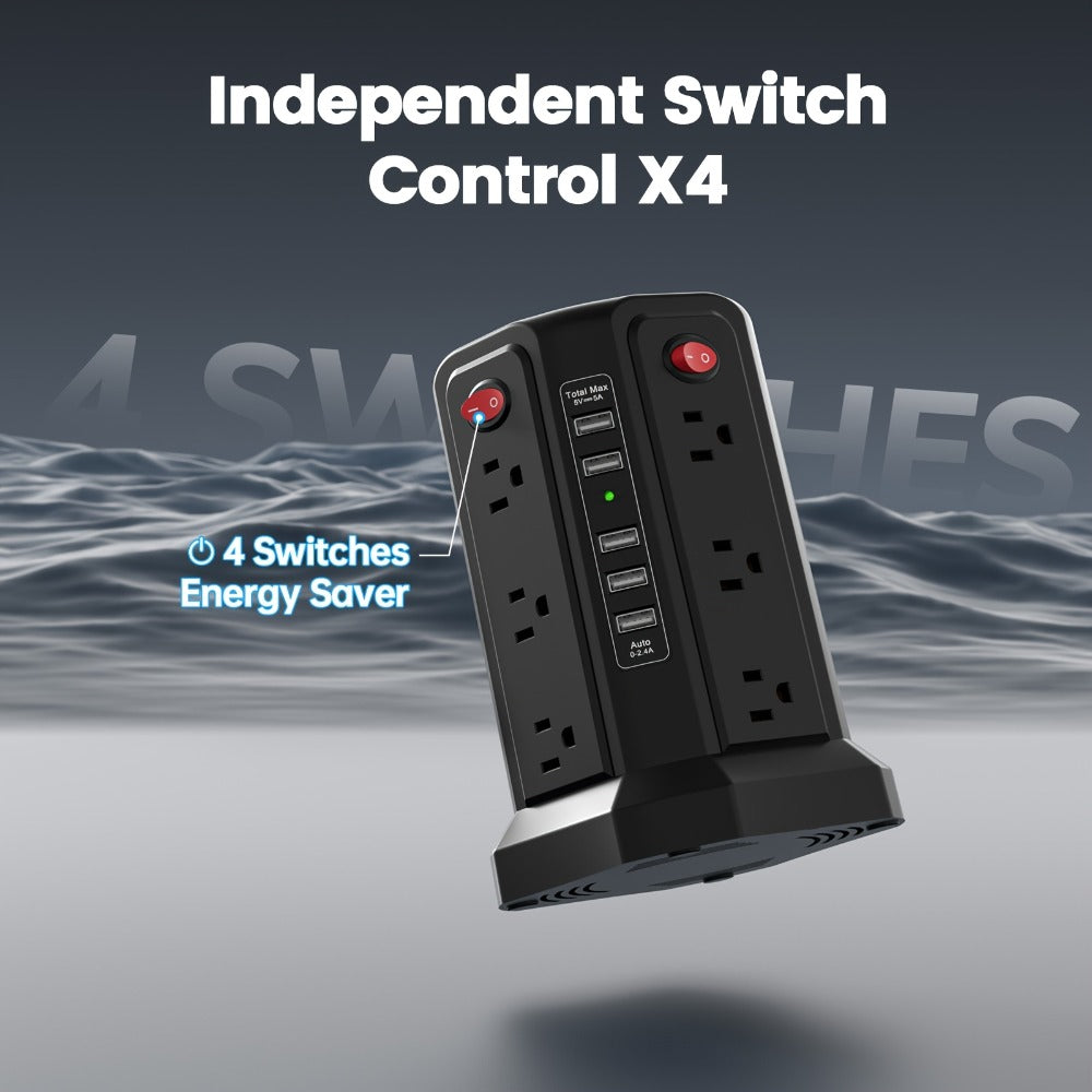 Surge Protector Power Strip Tower with 12 AC Outlets 5 USB Ports 8.8FT Extension Cord Night Light 4 Individual Switches Overload Protection for Home Office Desk Dorm Room