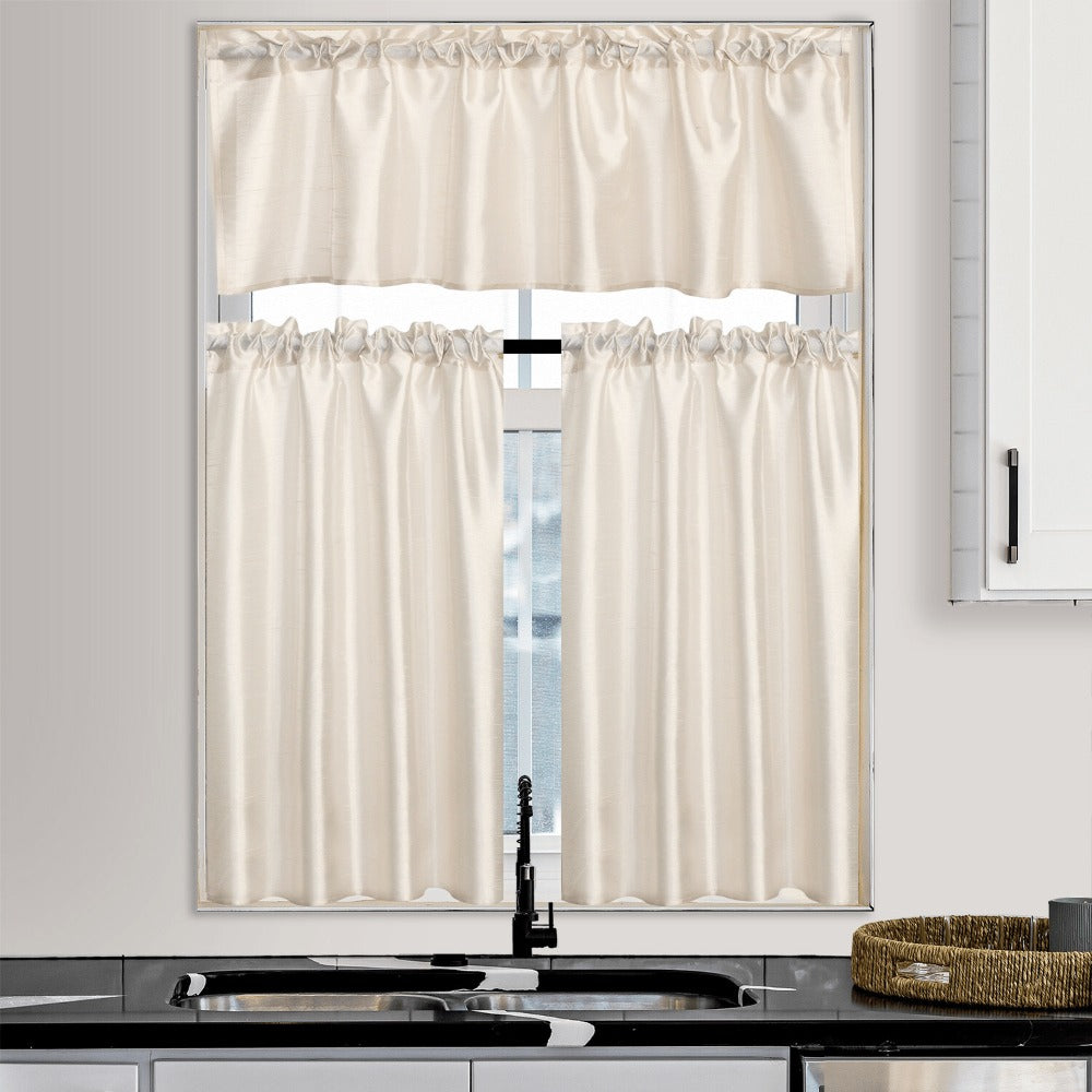 Kitchen Curtains 3 Panels Faux Silk Sheer Tier and Valance Set Rod Pocket 2 Tiers 26x36 inch + Valance 52x14 inch for Kitchen Bathroom Window Drapes