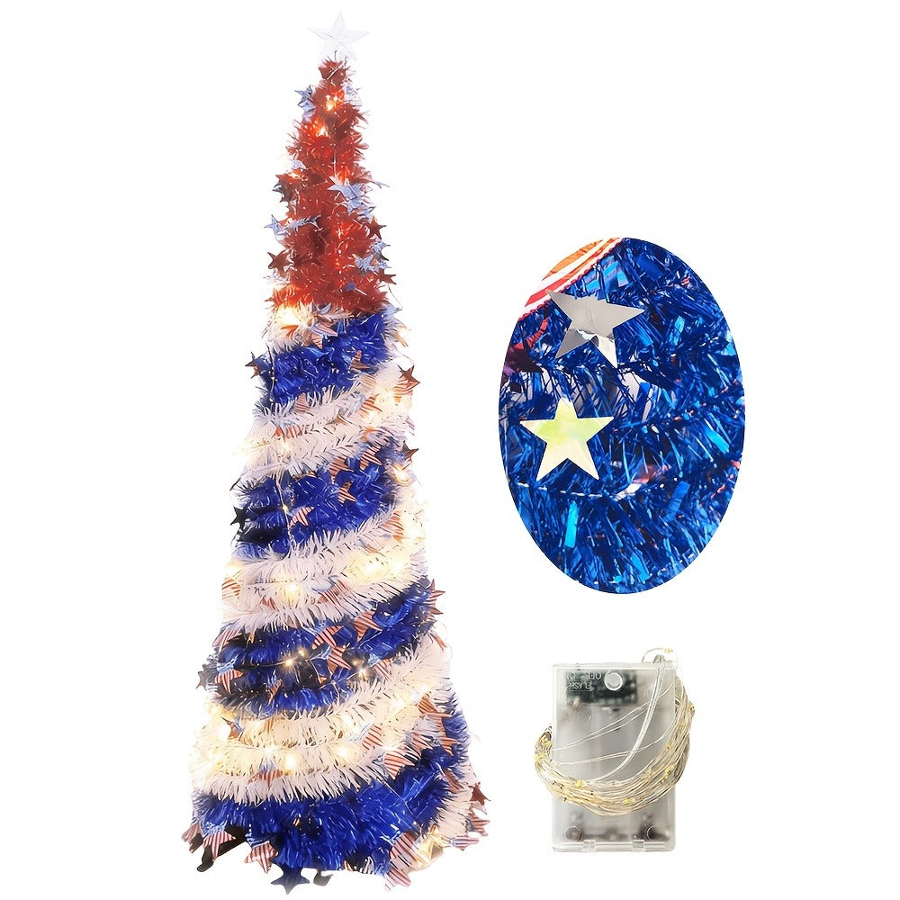 4th of July Patriotic Decoration Tree 5ft ¨C Foldable LED Light String with Red White Blue Stars & Stripes, Independence Day Party Decor, Patriotic Theme Display Tree, Summer Holiday Gift