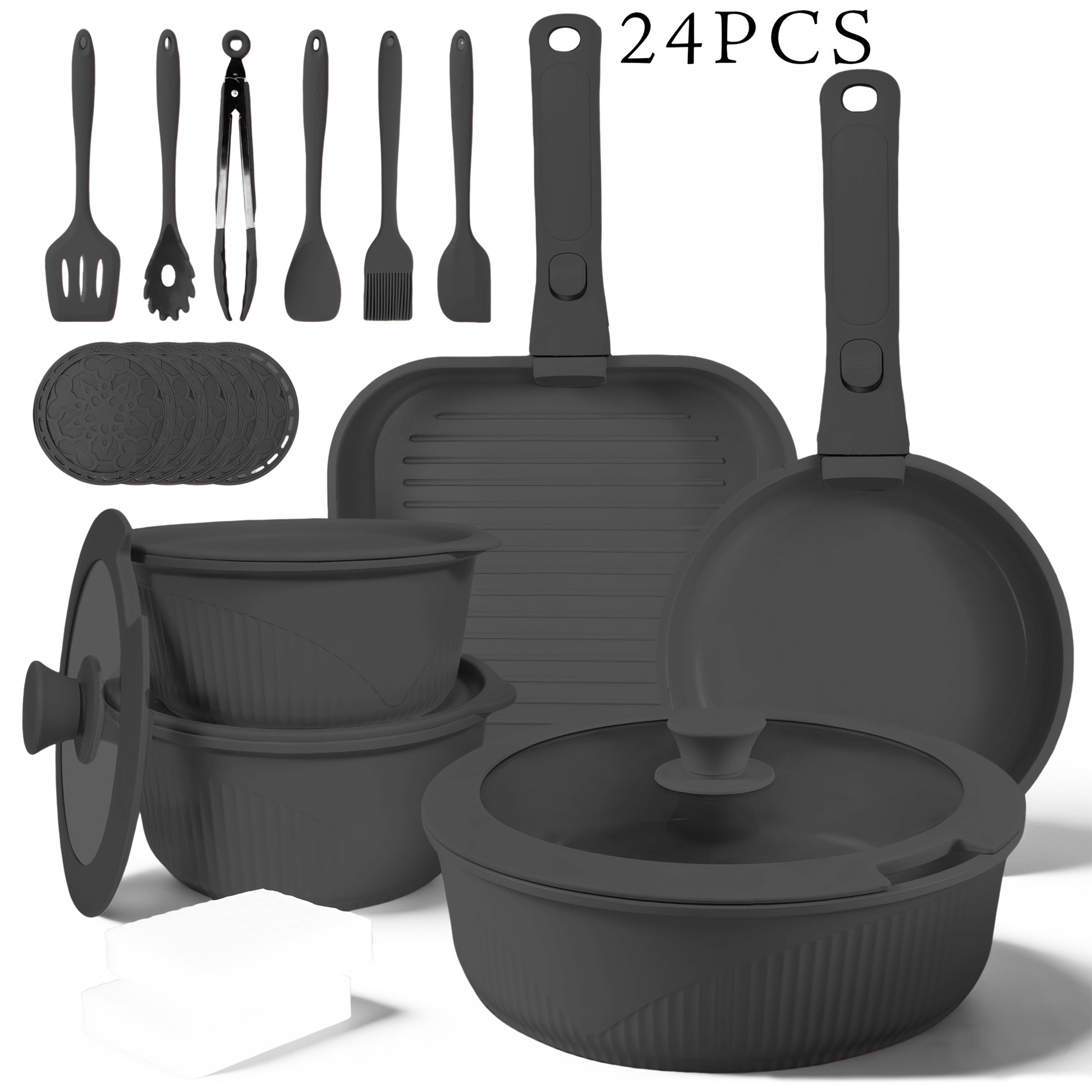 Nonstick Cookware Set 5/7/24 Piece Induction Ready with Detachable Handles ¨C Stackable Pots & Pans Set Includes Skillet Frying Pan Soup Pot Steak Pan for Home RV Kitchen, Multiple Colors