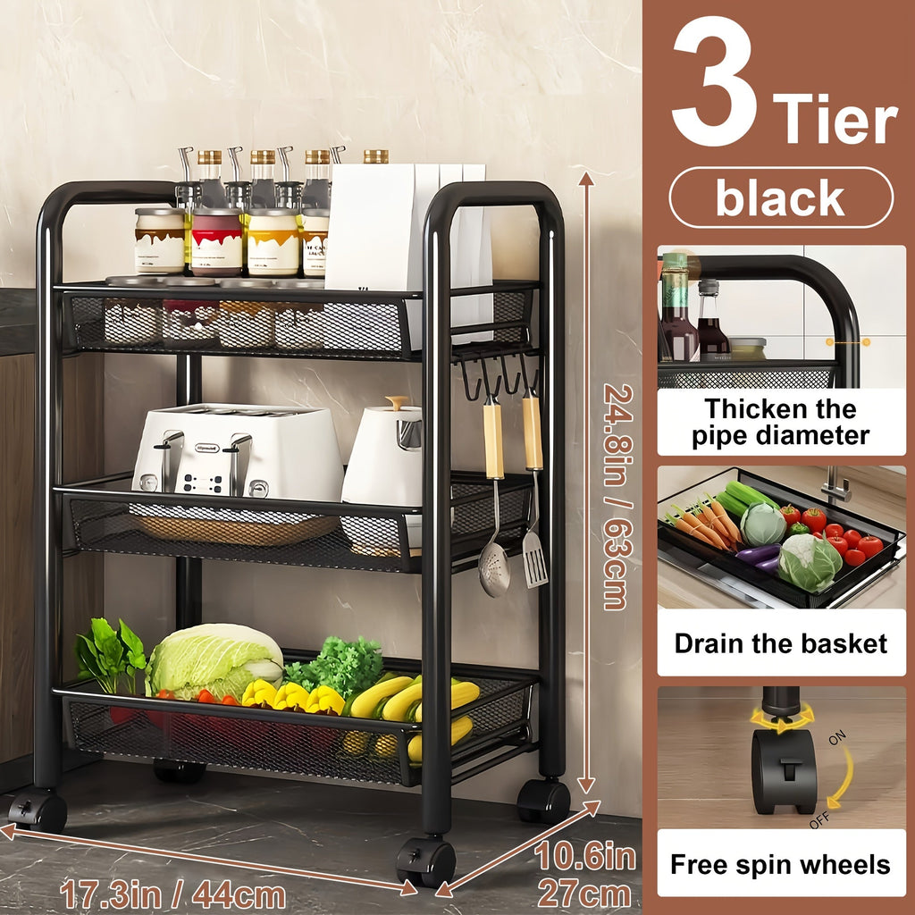 Rolling Storage Cart on Wheels ¨C 3/4/5 Tier Carbon Steel Wire Basket Trolley, Black Metal Utility Cart for Kitchen, Bathroom, Bedroom, Office & Living Room, Space-Saving Detachable Shelving Unit