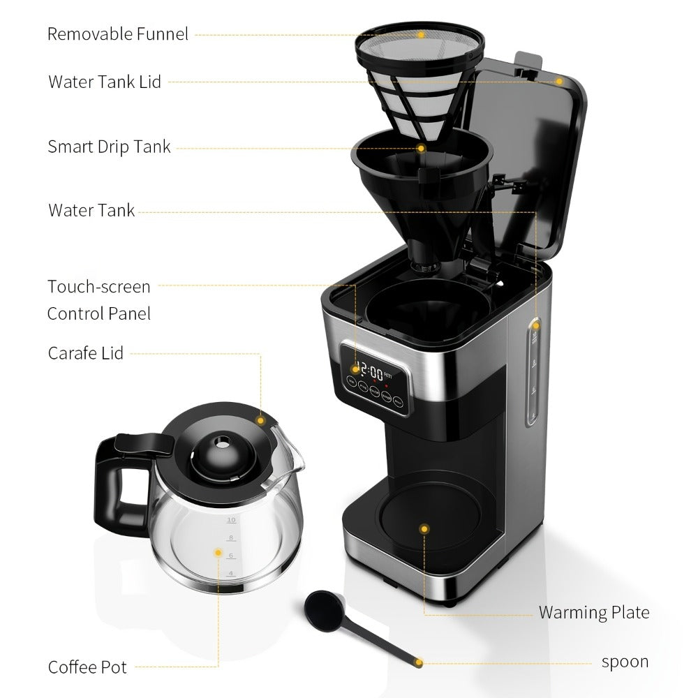 Programmable Drip Coffee Maker 10-Cup Touchscreen Pause and Serve Stainless Steel Carafe Keep Warm Auto Shut-Off for Home Kitchen Office Black