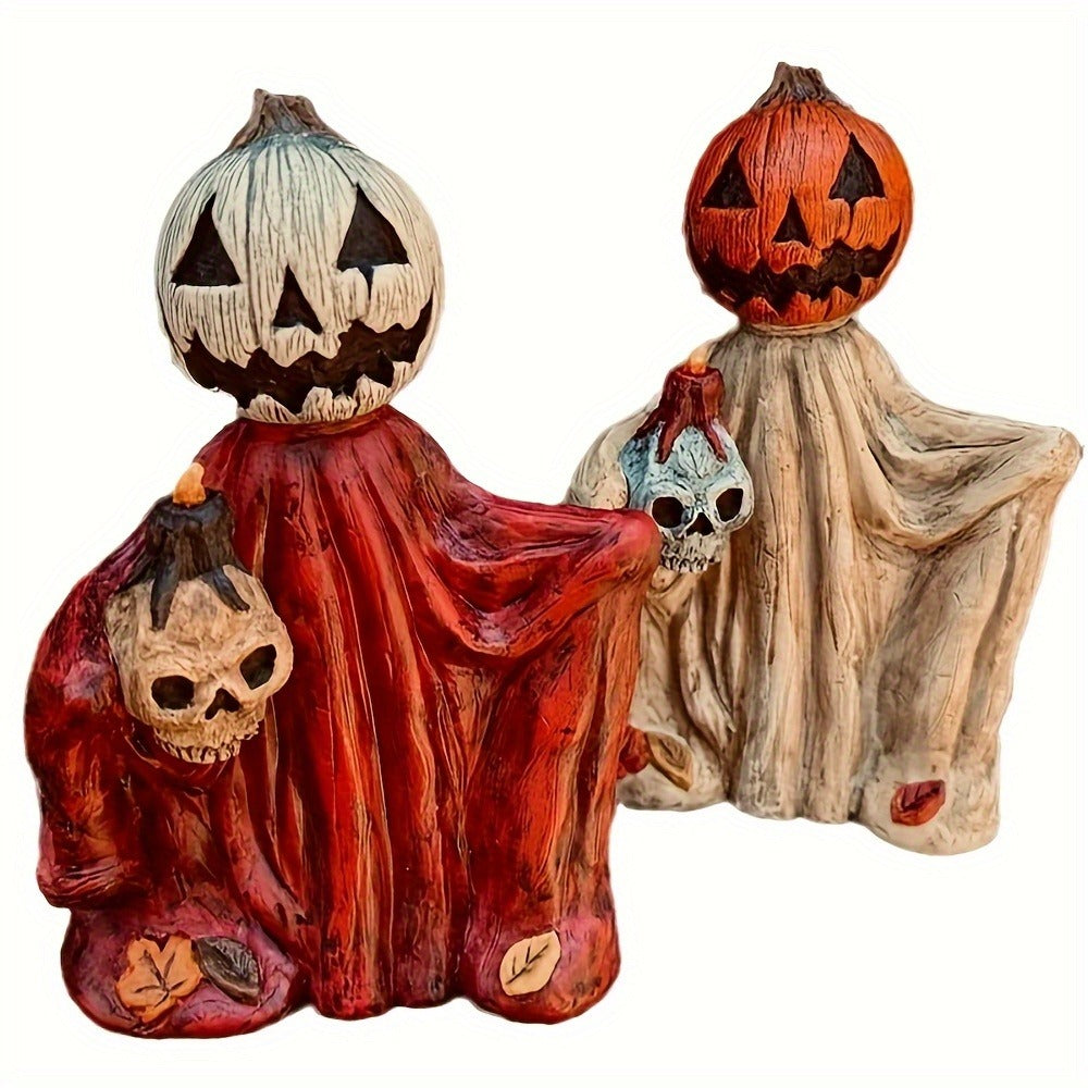 Halloween Pumpkin Wizard Resin Figurine 2-Pack ¨C Spooky Desktop Ornament & Bookshelf Decor, Skeleton Gnome Tabletop Statue for Halloween Home Decor & Seasonal Display