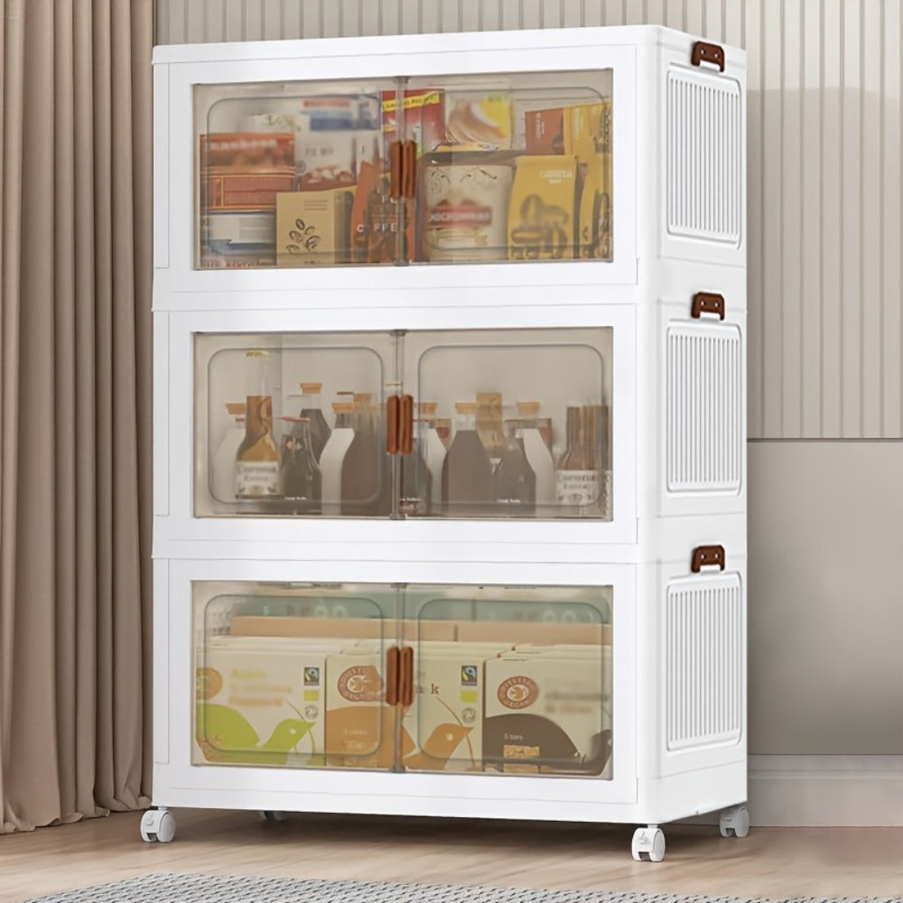 Stackable Storage Cabinet with Doors and Wheels | Collapsible Plastic Locker 1-5 Layers Large Capacity Home Organization for Bedroom Living Room Kitchen Easy Assembly Space Saving