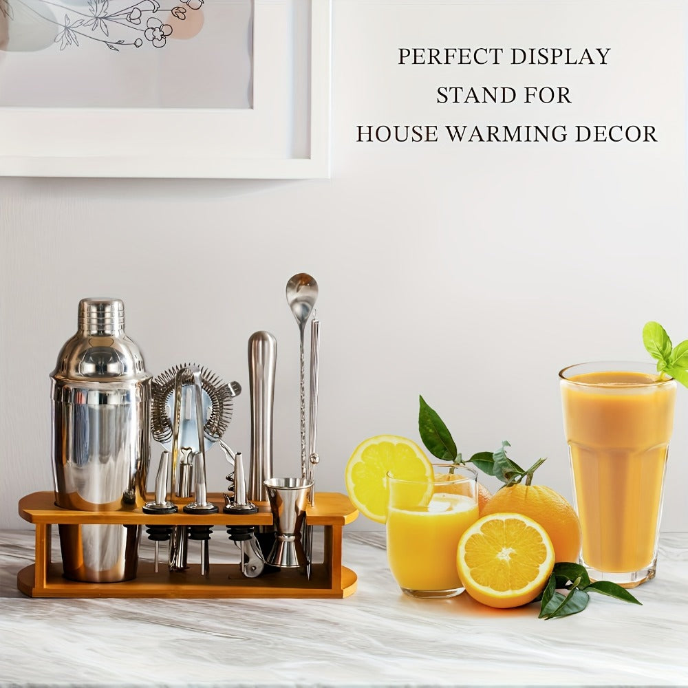 Cocktail Shaker Set Bartender Kit with Stand - 304 Stainless Steel Bar Tools Drink Mixer Set with Martini Shaker Jigger Strainer Mixer Spoon Muddler Liquor Pourers