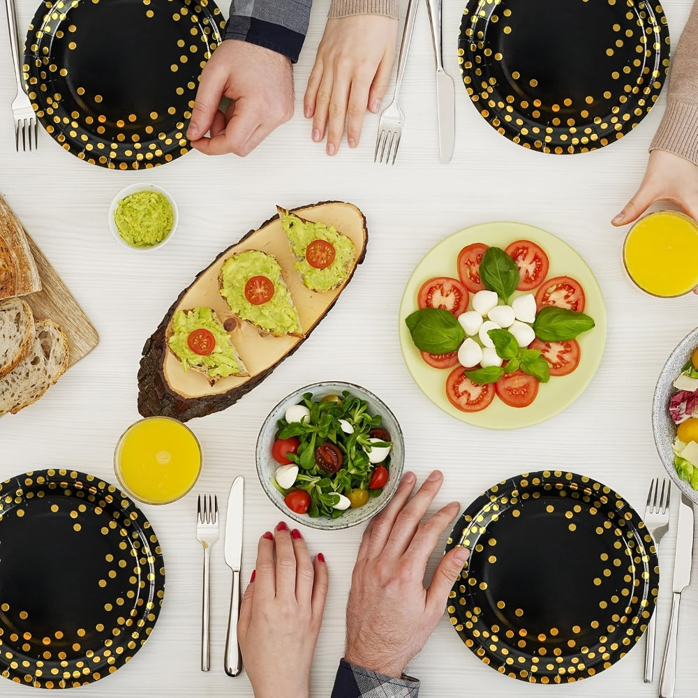 Disposable Party Supplies Set 150 Piece Black and Gold - Paper Plates, Napkins & Forks for 50 Guests, Elegant Tableware for Birthday, Wedding, Graduation & Holiday Celebrations