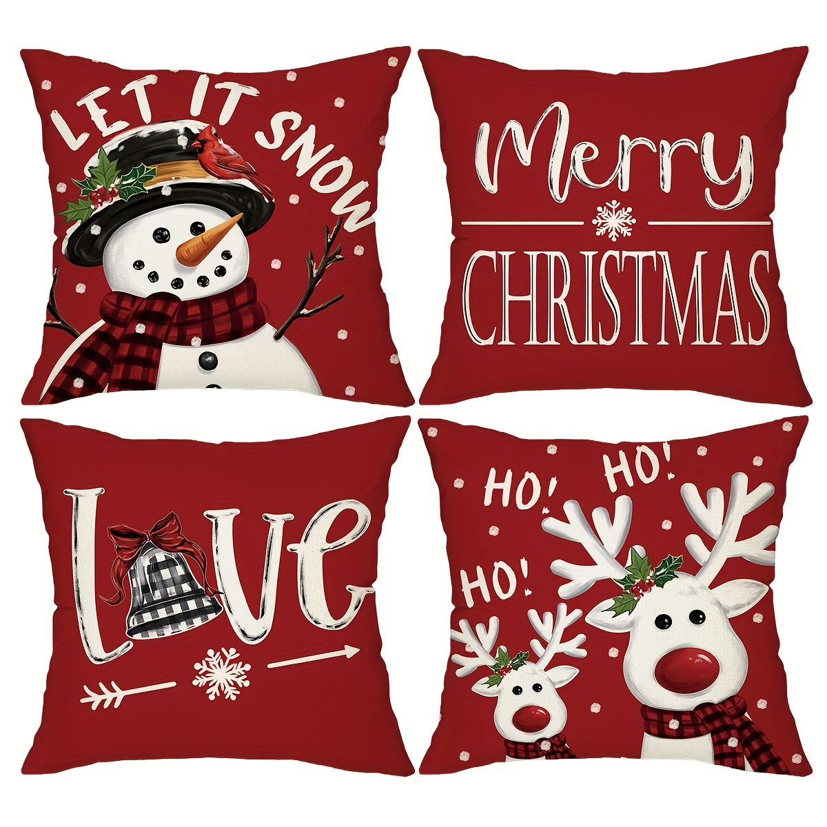 Christmas Throw Pillow Covers 4pcs Set 18x18 | Reindeer Snowman Buffalo Plaid Cushion Covers, Winter Holiday Farmhouse Home Decor, Sofa Couch Porch Patio, No Insert
