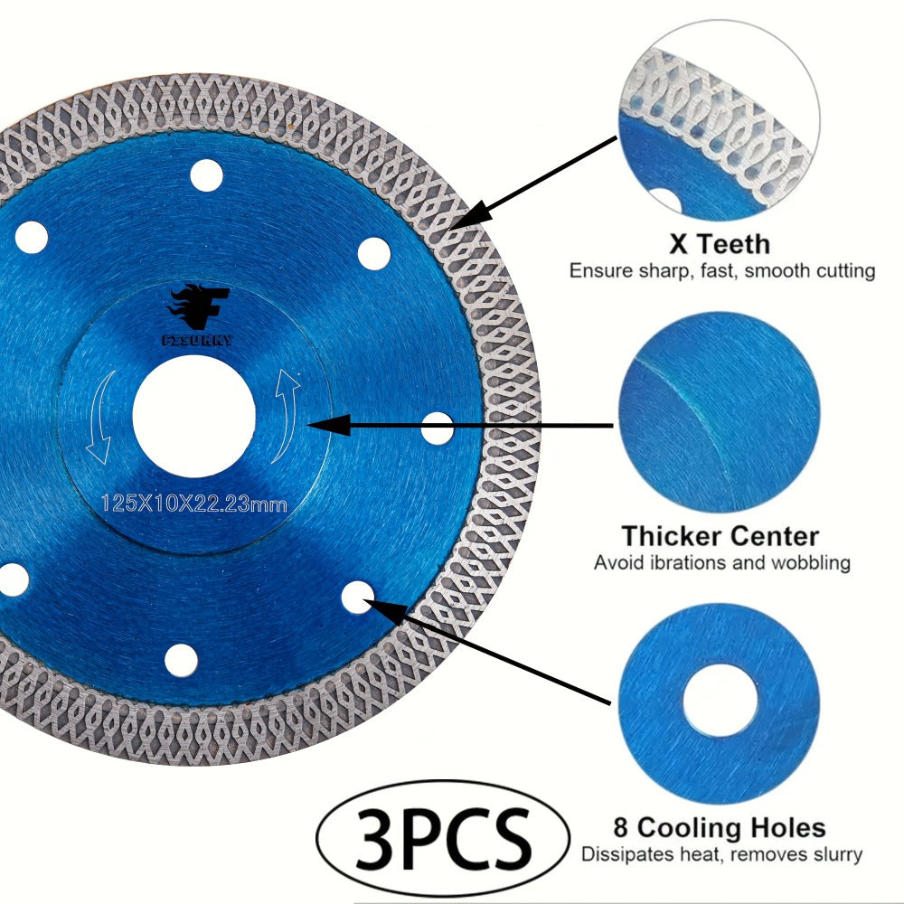 Diamond Saw Blade 4-1/2 Inch 3-Pack X-Teeth Ultra Thin Dry Wet Cut for Porcelain Ceramic Tile Brick Granite Concrete 13000 RPM 7/8 Arbor with 5/8 Adapter DIY Home Use