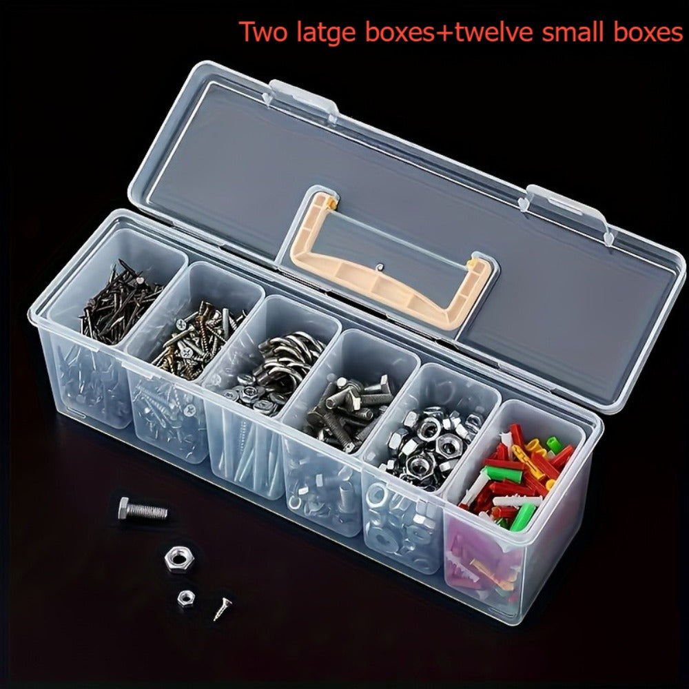 14-Piece Transparent Parts Organizer Box Set with Dividers, 2 Large + 12 Small Portable Storage Cases, Multi-Compartment Hardware Organizer for Screws, Nuts, Bolts, Beads & Small Parts