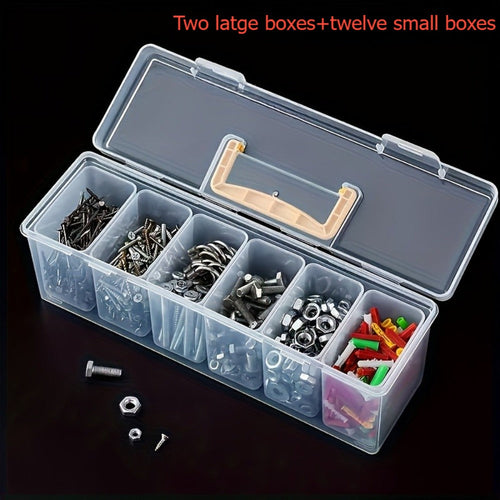 14-Piece Transparent Parts Organizer Box Set with Dividers, 2 Large + 12 Small Portable Storage Cases, Multi-Compartment Hardware Organizer for Screws, Nuts, Bolts, Beads & Small Parts